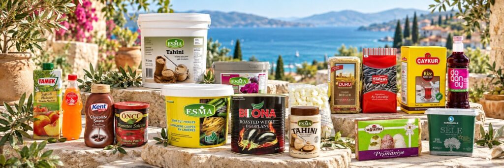 Atlas Food food and beverage products displayed on a Mediterranean terrace.