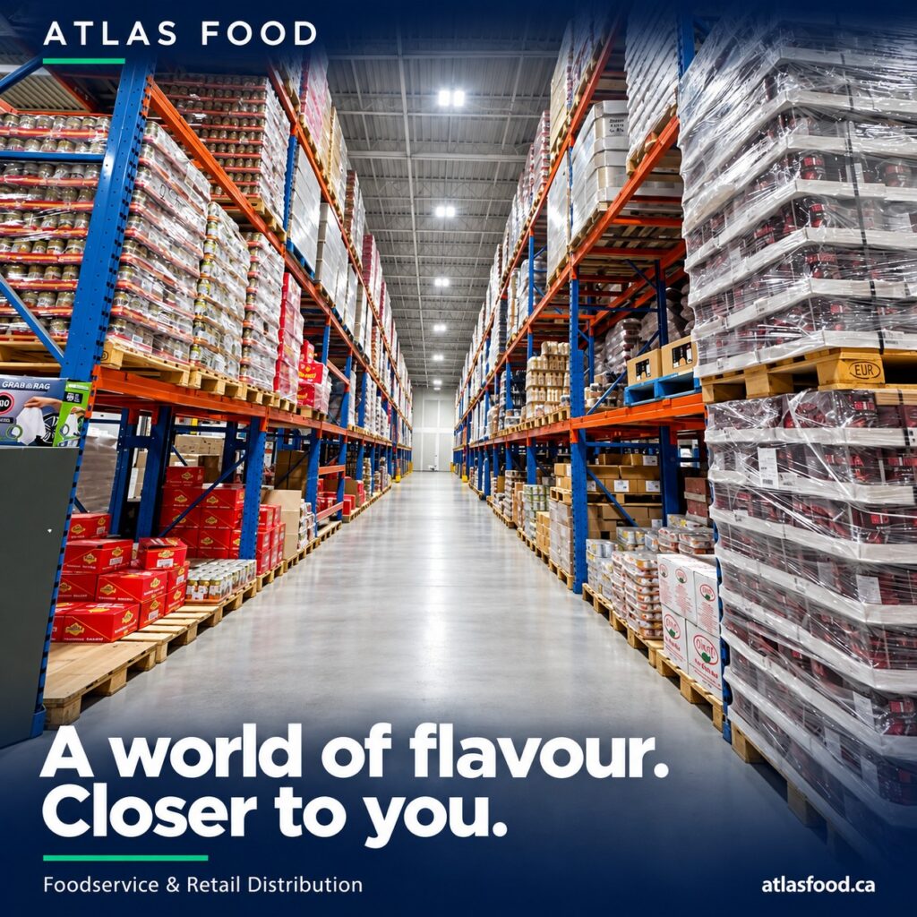 Long Atlas Food warehouse aisle lined with shelves of packaged foods and jars.