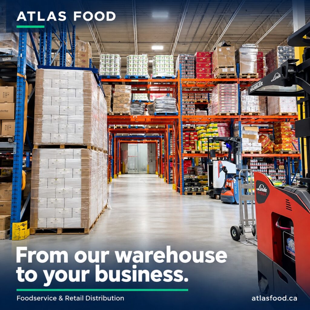 Atlas Food warehouse cross aisle with stocked pallet racks and parked forklifts.
