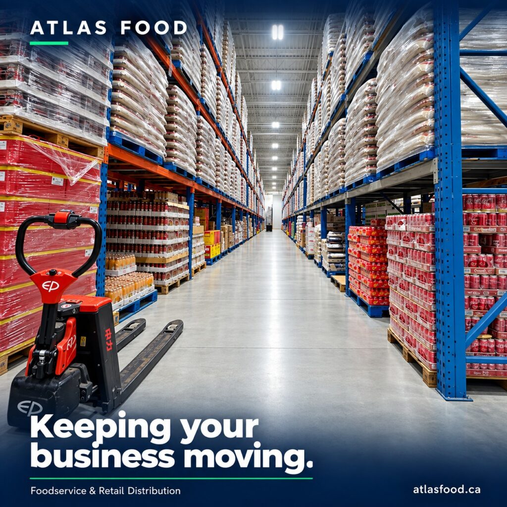 Bright Atlas Food warehouse aisle with stocked food pallets and a red pallet jack.
