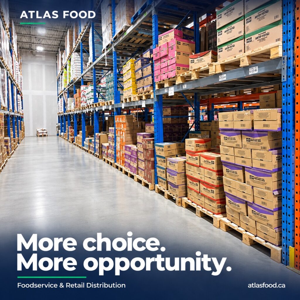 Atlas Food warehouse racks filled with food cartons beside a clean, wide aisle.