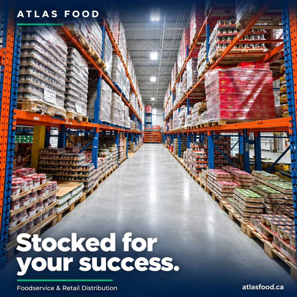 Atlas Food warehouse aisle with shelves stocked with jars, tins and wrapped pallets.