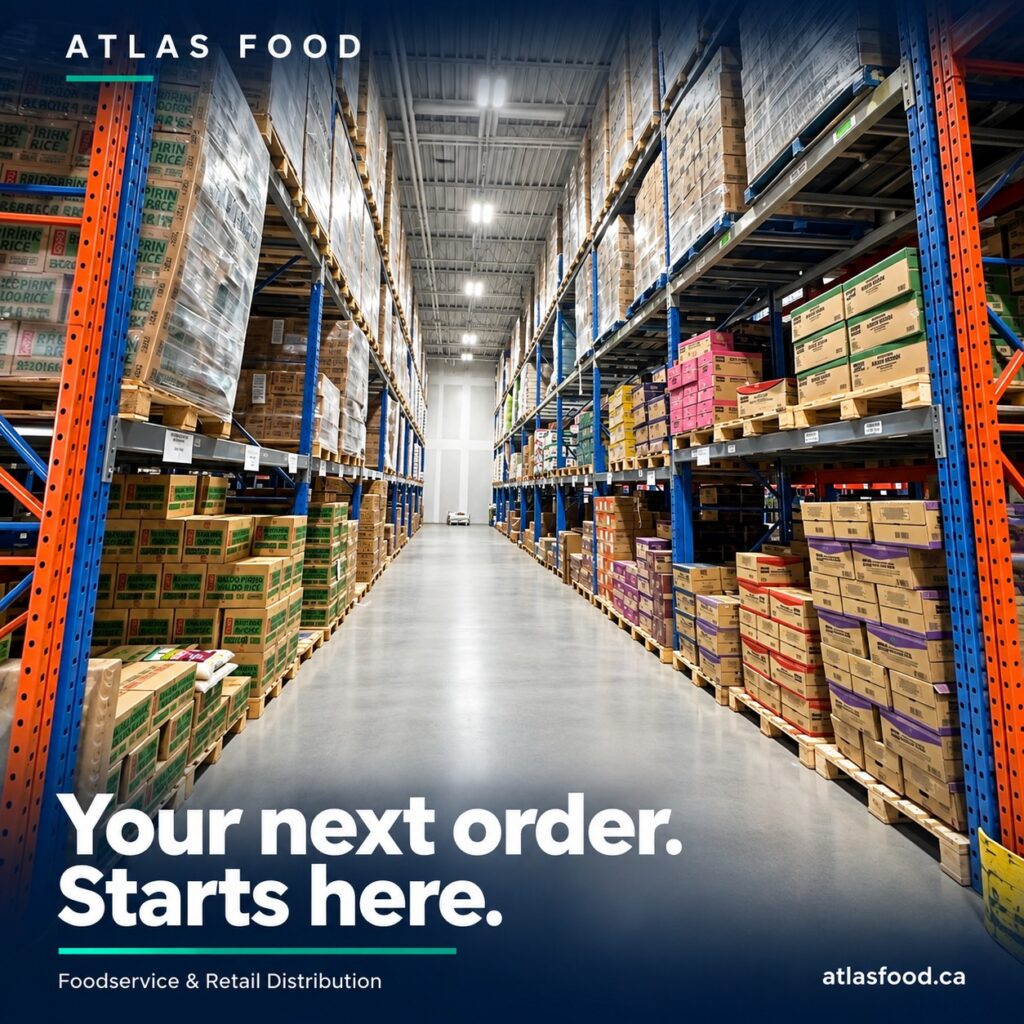 Bright Atlas Food warehouse aisle with tall racks of packaged food cartons.